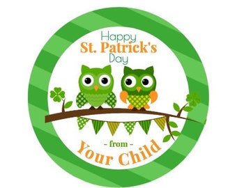 Custom St Patricks Day Sticker / Green Owls in Tree with Banner/ Sheet of 12 Round 2.5" / Personalized St Patricks Owl Label