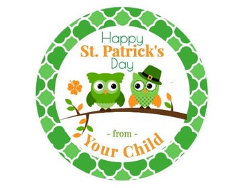 Custom St Patricks Day Sticker / Green Owls on Branch / Sheet of 12 Round 2.5" / Personalized St Patricks Owl Label