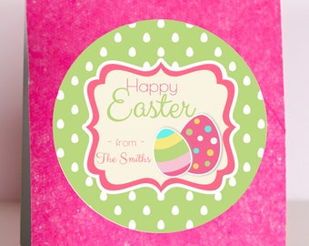 Ships Fast / Custom Easter Bunny Sticker / Happy Easter Bunny Pink Eggs with Green Polka Dots / Sheet of 12 Round/ Personalized Easter Label