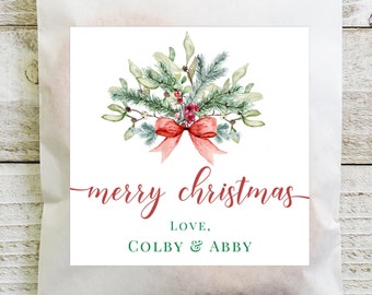 BOGO / Custom Christmas Wreath Labels in Red Font / Personalized Christmas Wedding Wreath / 4 Sizes / Merry Christmas Custom Stickers