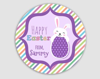 Ships Fast / Custom Easter Bunny and Egg Sticker / Happy Easter Purple Bunny and Egg with Striped Background / Sheet of 12 Round