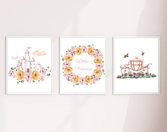 Set of 3 Linen Wall Prints / Princess Bedroom Decor / Pink Princess Prints / Girls room Prints / Home Decor / Cinderella Prints /