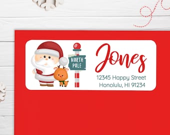BOGO / GLOSSY Christmas Santa and Reindeer Address Stickers / Christmas Address Stickers / Custom Address / Santa and Reindeer North Pole