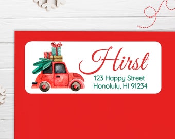 BOGO / GLOSSY Vintage Car Address Stickers / Christmas Vintage Car Address Stickers / Custom Address Labels / Car with Presents