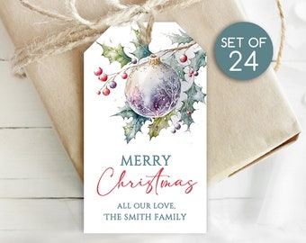 Custom Christmas Gift Tags / Set of 24 Tags / Personalized Christmas Tags / Tag for Christmas Gifts / Custom Tag with Purple Ornament