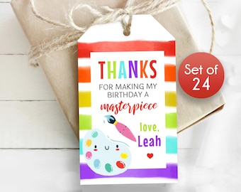 Set of 24 / Thank You Birthday Gift Tags / Art Party Personalized Birthday Tags / Personalized Tags / Birthday Thank You / Masterpiece