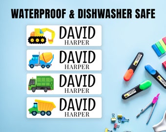 Variety Trucks Waterproof Labels / Waterproof Name Labels / 2 sizes / Daycare Labels / Dishwasher Safe / Personalized Labels / Custom Labels