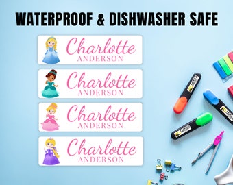 Variety Princess Waterproof Labels / Waterproof Name Labels / 2 sizes / Daycare Labels / Dishwasher Safe / Personalized Labels Custom Label