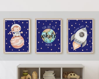 Set of 3 Wall Prints / Space Bedroom Decor / Blue Space Prints / Boys room Prints / Home Decor / Cute Nuresry Prints / Spaceship