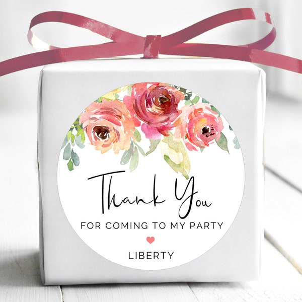 BOGO / Birthday Floral Thank You Stickers / Birthday Stickers Personalized Thank You/ Personalized Floral Birthday Label / Red and Pink