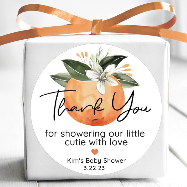 BOGO / Little Cutie Thank you for showering our baby sticker / Orange Baby Shower Stickers / Baby Shower Labels / Glossy Stickers