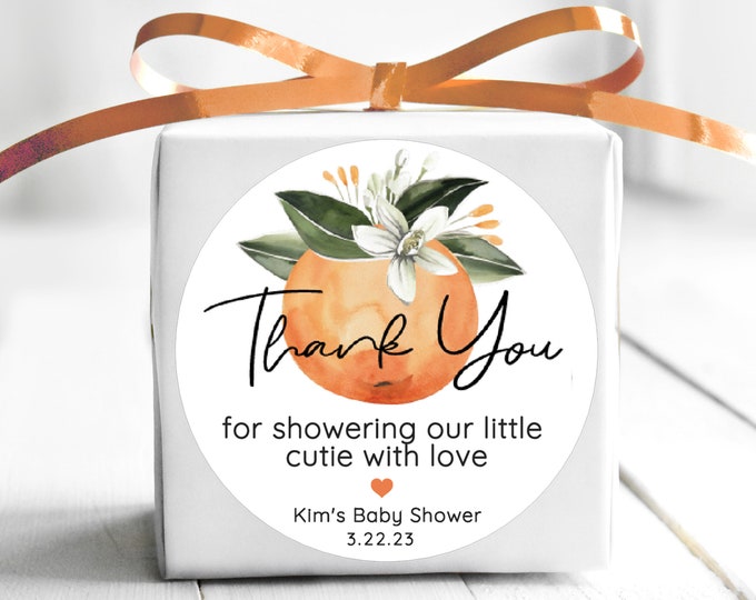 Featured listing image: BOGO / Little Cutie Thank you for showering our baby sticker / Orange Baby Shower Stickers / Baby Shower Labels / Glossy Stickers