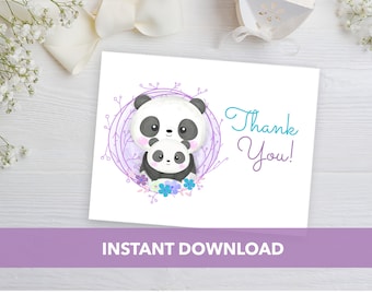 Printable Panda Thank You Postcards / Thank You Card Mommy and Baby Panda / Pink Purple and Teal Thank You