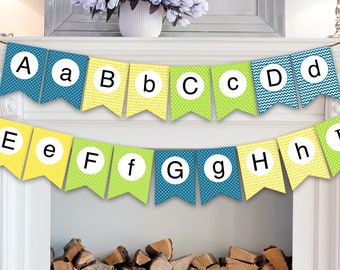 Alphabet Banner in Blue, Green, and Yellow / Home School Printable / All Letters of Alphabet included