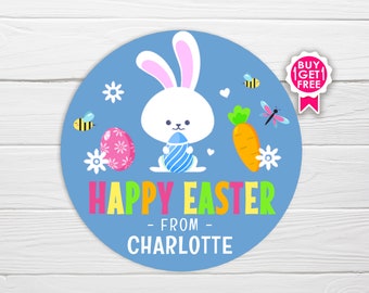 BOGO / Ships Fast / Blue Happy Easter Sticker / Happy Easter Cute Bunny on Blue / 2 Sizes / Personalized Easter Stickers