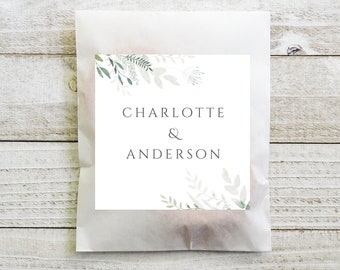 BOGO / Custom Wedding Greenery Stickers / GLOSSY / Round or Square / Personalized Wedding Watercolor Stickers / Wedding Leaves Greenery