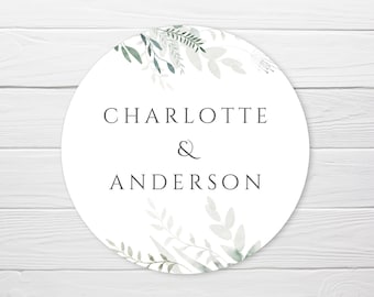 BOGO / Custom Wedding Greenery Stickers / GLOSSY / Round or Square / Personalized Wedding Watercolor Stickers / Wedding Leaves Greenery