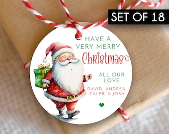 Set of 18 / Custom Round Christmas Gift Tags / Watercolor Santa Scene / Glossy Thick Gift Tags / 2.5" Round / From Santa Tags