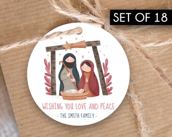 Set of 18 / Custom Round Christmas Gift Tags / Personalized Manger Scene / Glossy Thick Gift Tags / 2.5" Round / Baby Jesus Tags