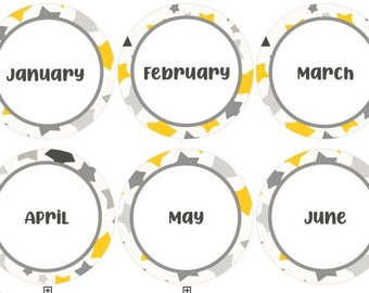 Months Mini Banner / Printable Yellow Gray Black Month of the Year Pennants / Calendar Month Garland / 3.5 inch round flags