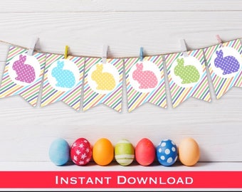 INSTANT DOWNLOAD / Easter Bunnies Printable Pennant / Easter Stripes and Polka Dots Banner / Easter Bunny Garland / Easter Flag Printable