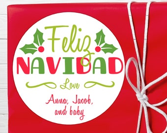 BOGO/ Feliz Navidad Sticker / 3 Sizes / Red and Green Feliz Navidad Label / Personalized Christmas Sticker / Fast Shipping