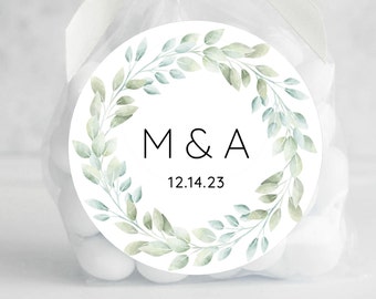 BOGO / Custom Wedding Wreath Stickers / GLOSSY / Round or Square / Personalized Wedding Watercolor Stickers / Wedding Light Greenery