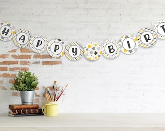 Happy Birthday Mini Banner / Printable Yellow Gray Black Birthday Pennants / Happy Birthday Garland / 3.5 inch round flags