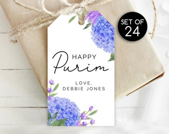 Set of 24/ Happy Purim Gift Tags / Blue Hydrangea Purim Tags / Floral Personalized Tags / Tag for Purim / Custom Design / 1.75" x 3"