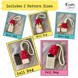 May include: Two sizes of knitted mushroom-shaped bags with straps. The smaller bag is shown with a small container of hand soap and a tube of hand lotion. The larger bag is shown with a cell phone. The bags are cream colored with red mushroom tops and white stitching.