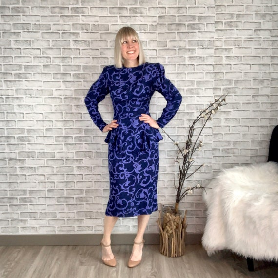 Vintage 80s Maggy London Silk Peplum Midi Dress