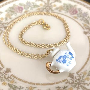 Blue floral teapot necklace: Cottagecore Tea Lover Gift