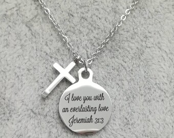Bible Verse Necklace, Silver Necklace, Christian Necklace, Cross Necklace, Short Cross Necklace, Steel Cross Necklace,