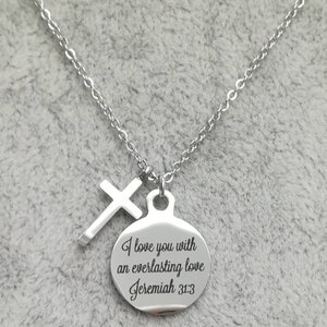 Bible Verse Necklace, Silver Necklace, Christian Necklace, Cross Necklace, Short Cross Necklace, Steel Cross Necklace,