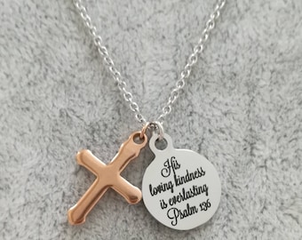 Bible Verse Necklace, Rose Gold Cross Necklace, Christian Necklace, Silver Cross Necklace, Cross Necklace, Long Cross Necklace,