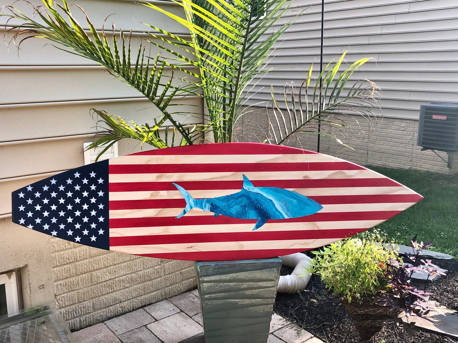 Americana Wood Surfboard Flag W Acrylic Pour Shark/usa Flag/ Etsy