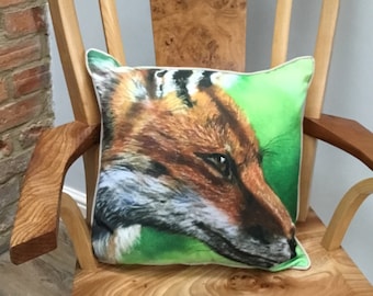 Luxury fox cushion based on a painting by artist Janet Bird