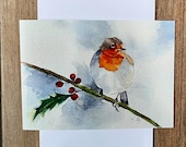 Robin and Holly greeting card designed by British artist