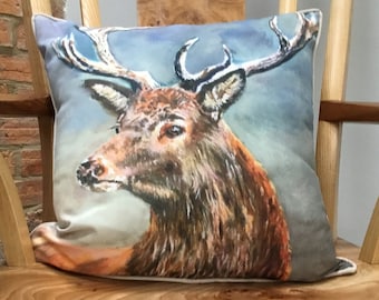 Elegant stag cushion from a painting by UK artist Janet Bird