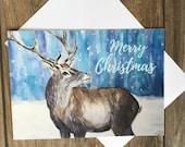 Large stag in snow Christmas card by British artist