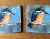Kingfisher Coasters: Janet Bird Art, Cork Backed - Set of 2