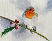 Original Watercolour Robin Painting, Winter Bird Wall Art, Christmas Robin on Holly Branch with Berries, Nature Lover Gift, Festive Decor