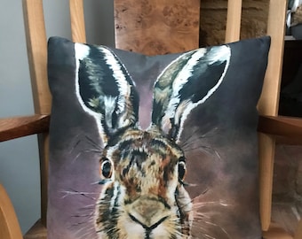 Luxury cushion featuring ‘Hartley the Hare’ by artist Janet Bird