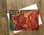 Shaggy Highland cow large greeting card by UK artist Janet Bird