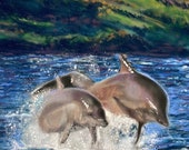 Top quality giclee print of 'Keeping Up with Mum' a dolphin painting by artist Janet Bird