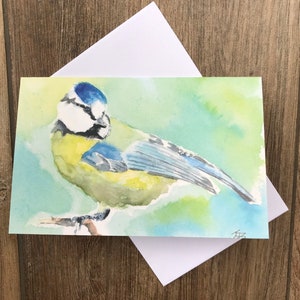 Carte de voeux aquarelle mésange bleue par l'artiste britannique Janet Bird