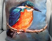 Kingfisher Cushion: UK Artist Janet Bird Painting, Faux Suede Pillow