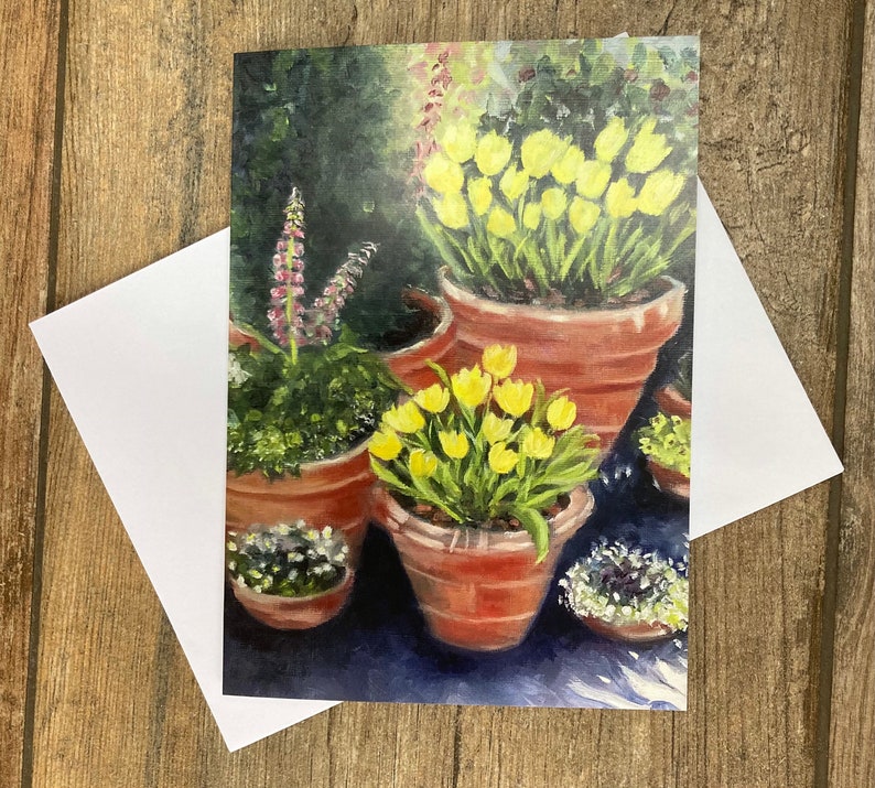 Terracotta Pots gorgeous garden greeting card designed by British artist image 1