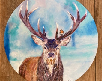 Beautiful ORIGINAL painting of stag and robin
