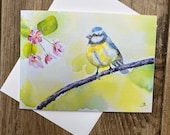 Bluetit and Blossom greeting card by British Artist